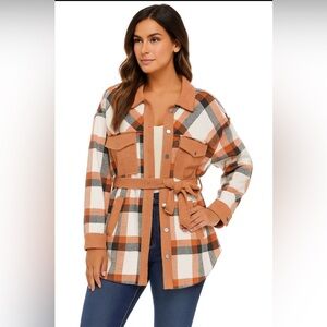 POL Brick Multi Plaid Oversized Button Down Jacket with Tie Detail New Boutique